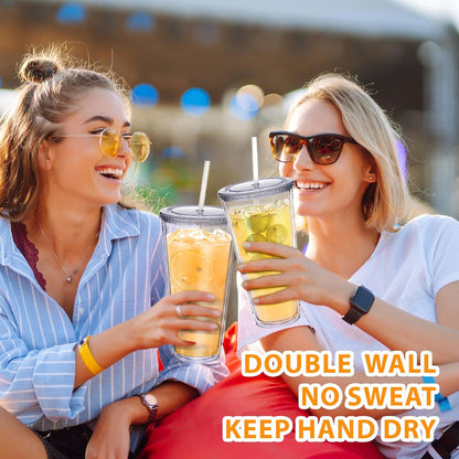 Zukro Clear Double Wall Plastic Tumbler with Lid and Straw 32 oz, 2 Pack | Wide Mouth BPA Free Large Clear Insulated Reusable Acrylic Iced Coffee To Go Cup for Loaded Tea, Water, Fit in Cupholder