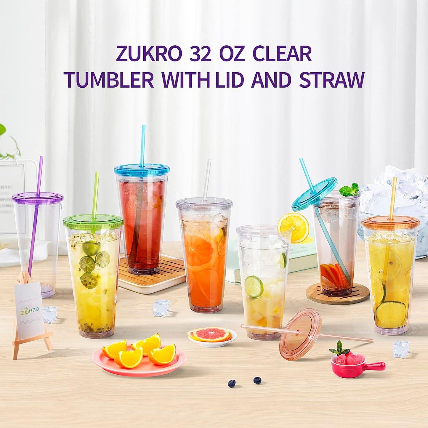 Zukro Clear Double Wall Plastic Tumbler with Lid and Straw 32 oz, 2 Pack | Wide Mouth BPA Free Large Clear Insulated Reusable Acrylic Iced Coffee To Go Cup for Loaded Tea, Water, Fit in Cupholder