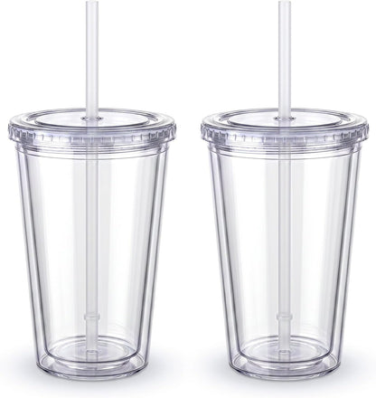 Zukro Clear Double Wall Plastic Tumbler with Lid and Straw 32 oz, 2 Pack | Wide Mouth BPA Free Large Clear Insulated Reusable Acrylic Iced Coffee To Go Cup for Loaded Tea, Water, Fit in Cupholder