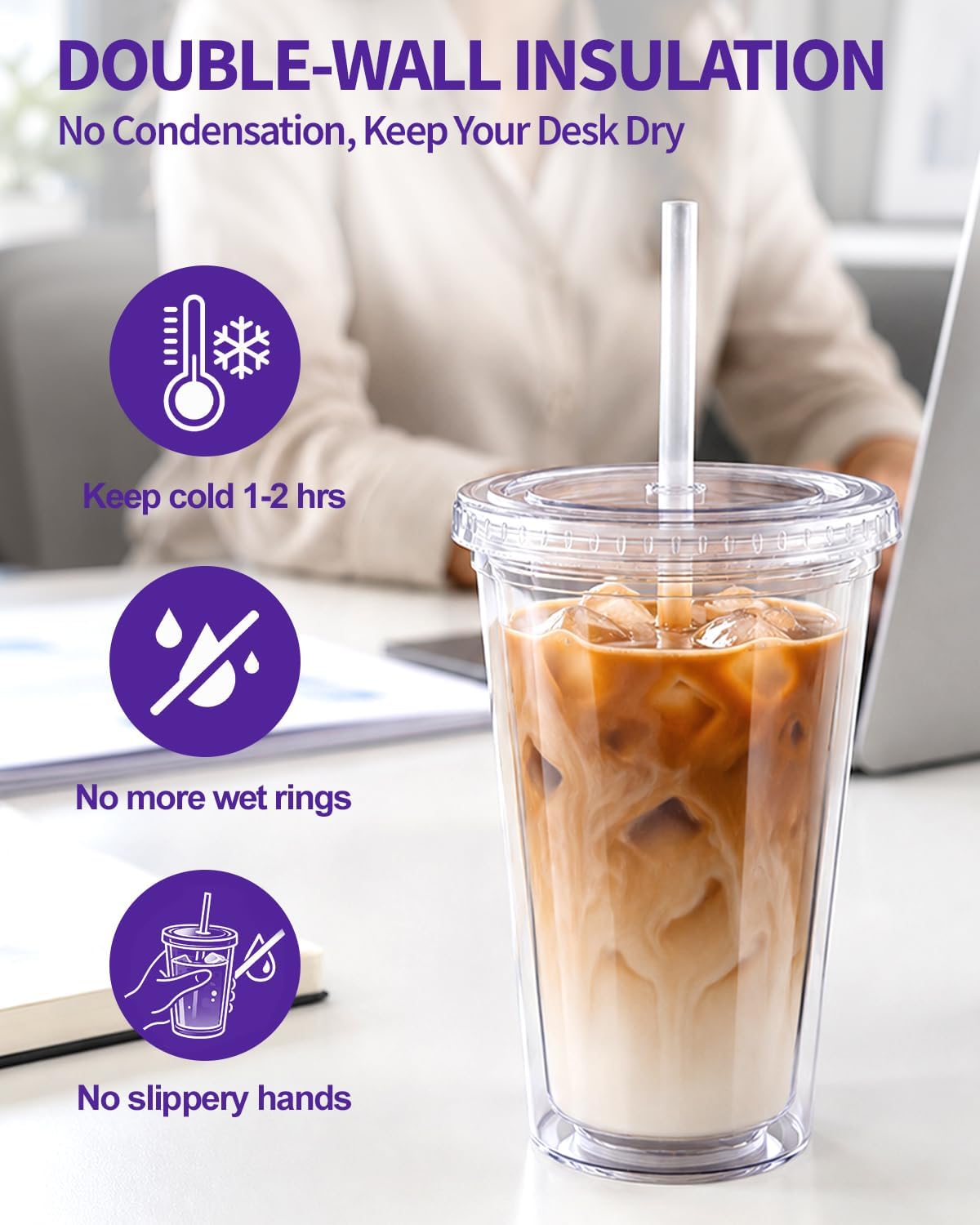 Zukro Clear Double Wall Plastic Tumbler with Lid and Straw 32 oz, 2 Pack | Wide Mouth BPA Free Large Clear Insulated Reusable Acrylic Iced Coffee To Go Cup for Loaded Tea, Water, Fit in Cupholder