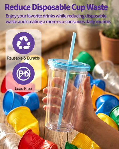 Zukro Clear Double Wall Plastic Tumbler with Lid and Straw 32 oz, 2 Pack | Wide Mouth BPA Free Large Clear Insulated Reusable Acrylic Iced Coffee To Go Cup for Loaded Tea, Water, Fit in Cupholder