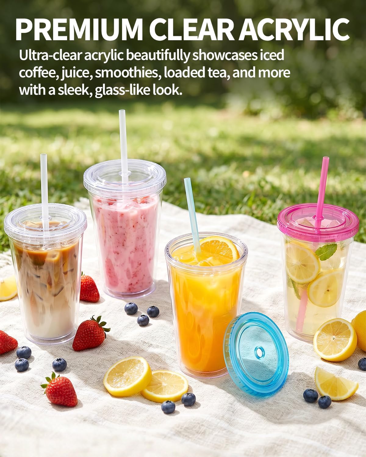 Zukro Clear Double Wall Plastic Tumbler with Lid and Straw 32 oz, 2 Pack | Wide Mouth BPA Free Large Clear Insulated Reusable Acrylic Iced Coffee To Go Cup for Loaded Tea, Water, Fit in Cupholder