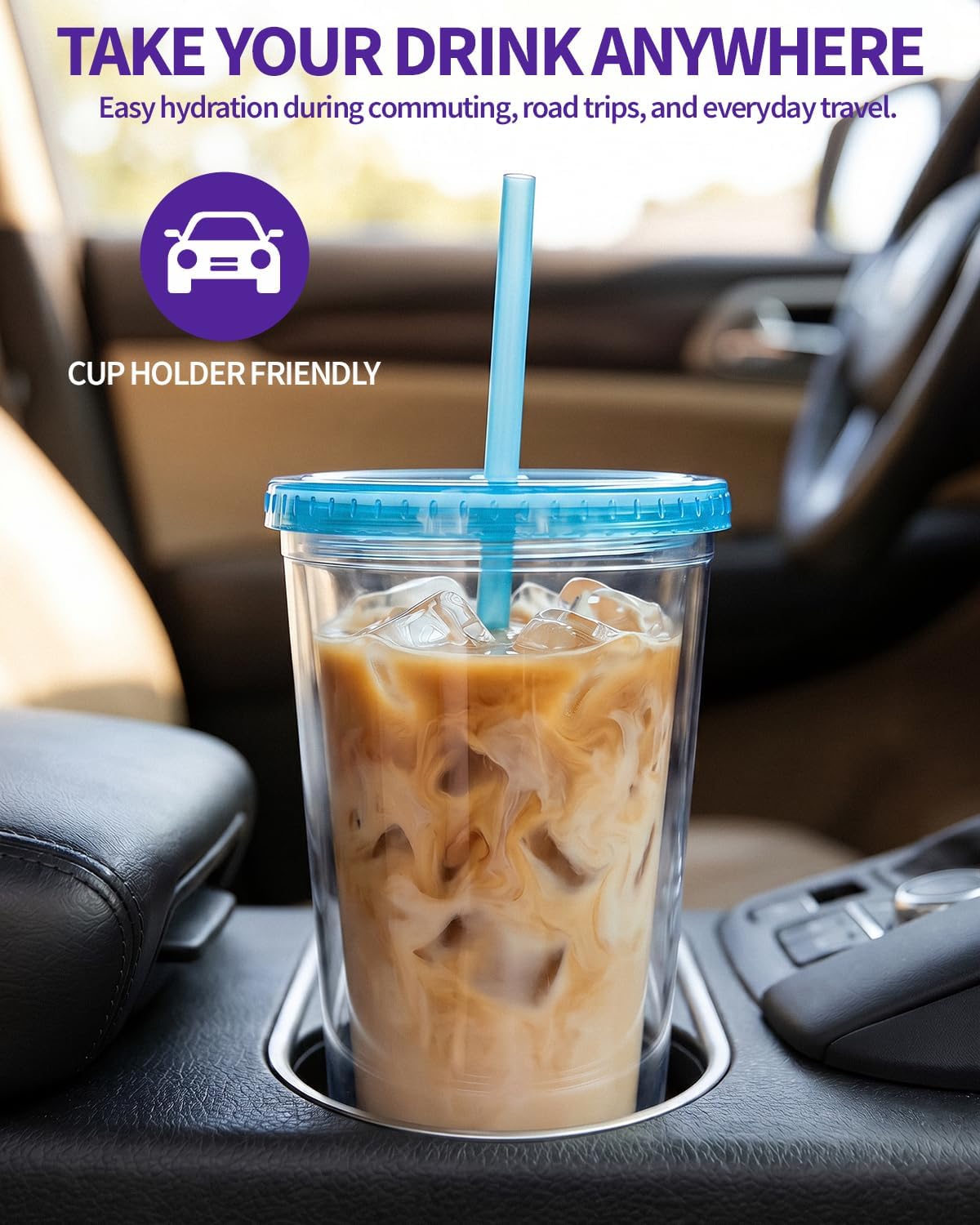 Zukro Clear Double Wall Plastic Tumbler with Lid and Straw 32 oz, 2 Pack | Wide Mouth BPA Free Large Clear Insulated Reusable Acrylic Iced Coffee To Go Cup for Loaded Tea, Water, Fit in Cupholder