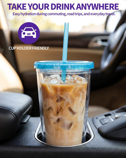 Zukro Clear Double Wall Plastic Tumbler with Lid and Straw 32 oz, 2 Pack | Wide Mouth BPA Free Large Clear Insulated Reusable Acrylic Iced Coffee To Go Cup for Loaded Tea, Water, Fit in Cupholder