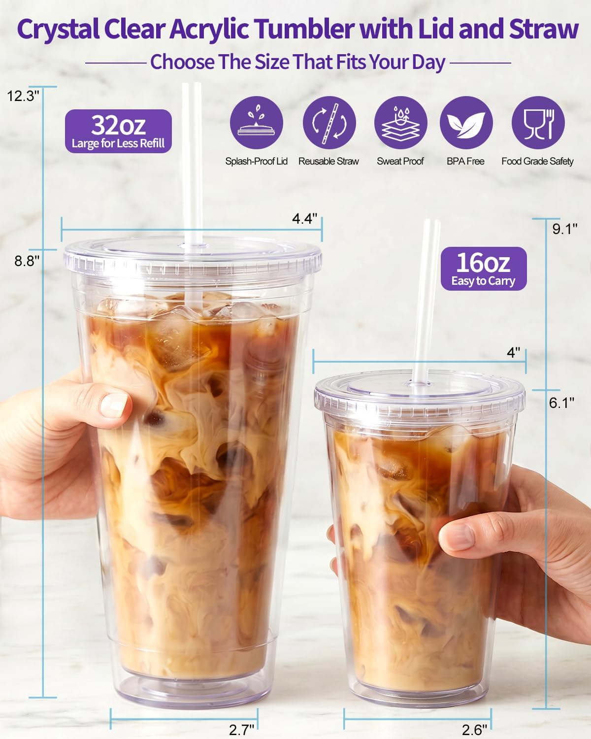 Zukro Clear Double Wall Plastic Tumbler with Lid and Straw 32 oz, 2 Pack | Wide Mouth BPA Free Large Clear Insulated Reusable Acrylic Iced Coffee To Go Cup for Loaded Tea, Water, Fit in Cupholder