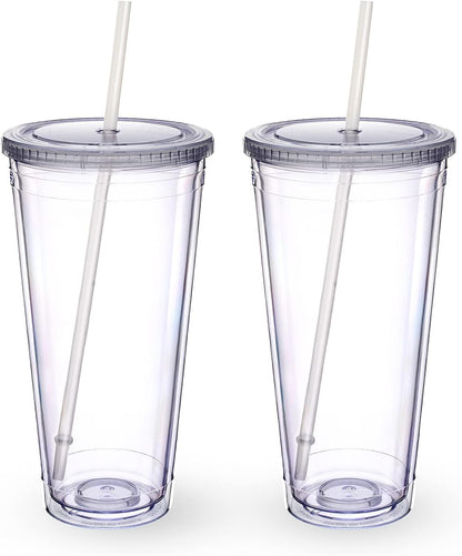 Zukro Clear Double Wall Plastic Tumbler with Lid and Straw 32 oz, 2 Pack | Wide Mouth BPA Free Large Clear Insulated Reusable Acrylic Iced Coffee To Go Cup for Loaded Tea, Water, Fit in Cupholder