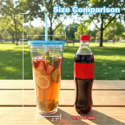 Zukro Clear Double Wall Plastic Tumbler with Lid and Straw 32 oz, 2 Pack | Wide Mouth BPA Free Large Clear Insulated Reusable Acrylic Iced Coffee To Go Cup for Loaded Tea, Water, Fit in Cupholder