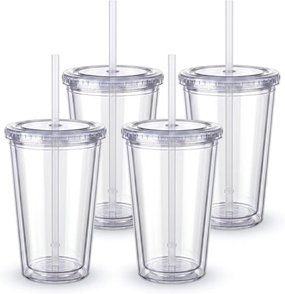 Zukro Clear Double Wall Plastic Tumbler with Lid and Straw 32 oz, 2 Pack | Wide Mouth BPA Free Large Clear Insulated Reusable Acrylic Iced Coffee To Go Cup for Loaded Tea, Water, Fit in Cupholder