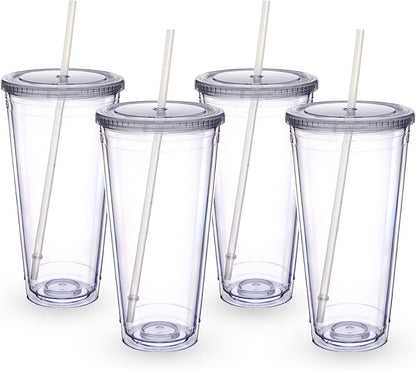 Zukro Clear Double Wall Plastic Tumbler with Lid and Straw 32 oz, 2 Pack | Wide Mouth BPA Free Large Clear Insulated Reusable Acrylic Iced Coffee To Go Cup for Loaded Tea, Water, Fit in Cupholder