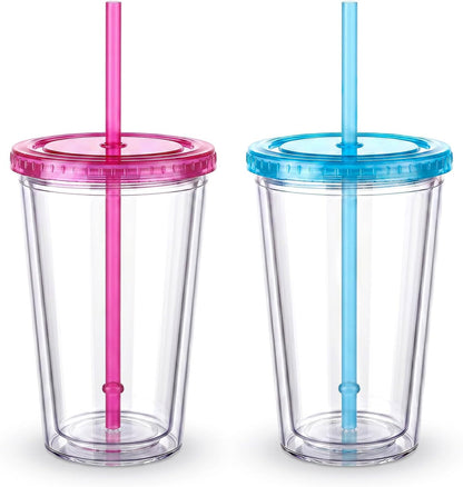 Zukro Clear Double Wall Plastic Tumbler with Lid and Straw 32 oz, 2 Pack | Wide Mouth BPA Free Large Clear Insulated Reusable Acrylic Iced Coffee To Go Cup for Loaded Tea, Water, Fit in Cupholder