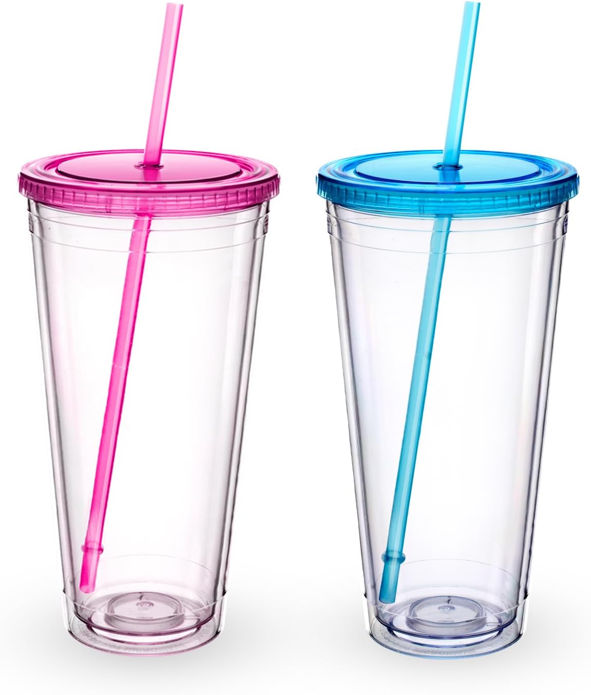 Zukro Clear Double Wall Plastic Tumbler with Lid and Straw 32 oz, 2 Pack | Wide Mouth BPA Free Large Clear Insulated Reusable Acrylic Iced Coffee To Go Cup for Loaded Tea, Water, Fit in Cupholder