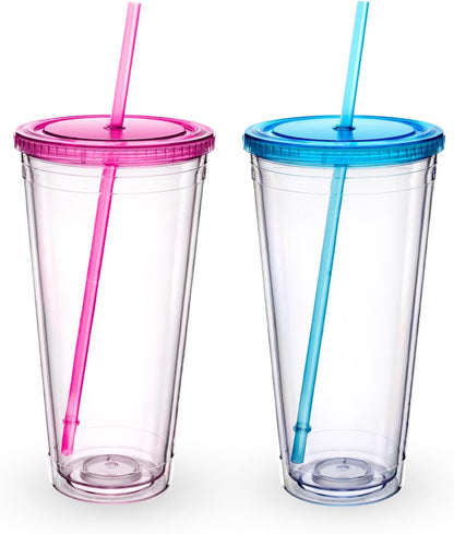 Zukro Clear Double Wall Plastic Tumbler with Lid and Straw 32 oz, 2 Pack | Wide Mouth BPA Free Large Clear Insulated Reusable Acrylic Iced Coffee To Go Cup for Loaded Tea, Water, Fit in Cupholder