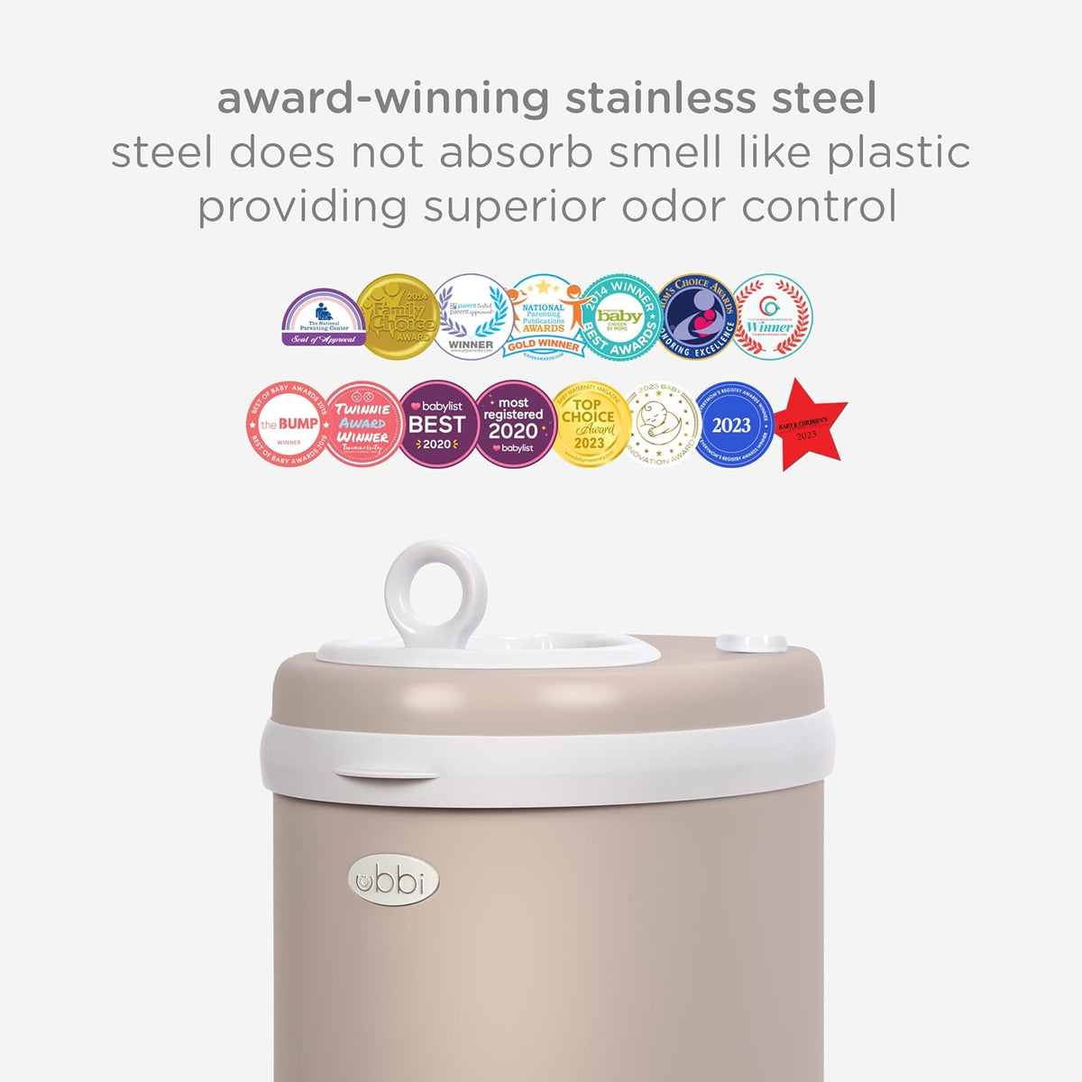 Stainless Steel Diaper Pail, No Special Bags, Odor-Locking, Taupe