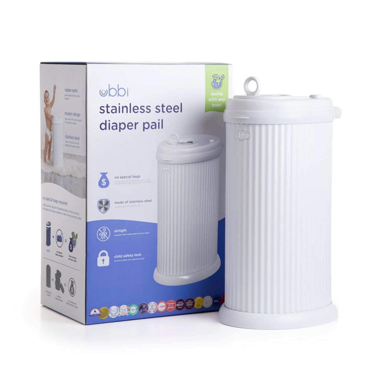 Stainless Steel Diaper Pail, No Special Bags, Odor-Locking, Taupe
