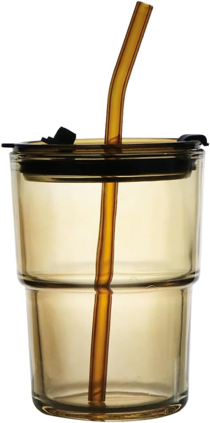 15oz/450ml Glass Cups with Lids and Straws, Leak-Proof Thick Wall Tumbler Water Glass, Reusable Iced Coffee Cups for Cold & Hot Drinks, Coffee, Tea, Shake (Grey)