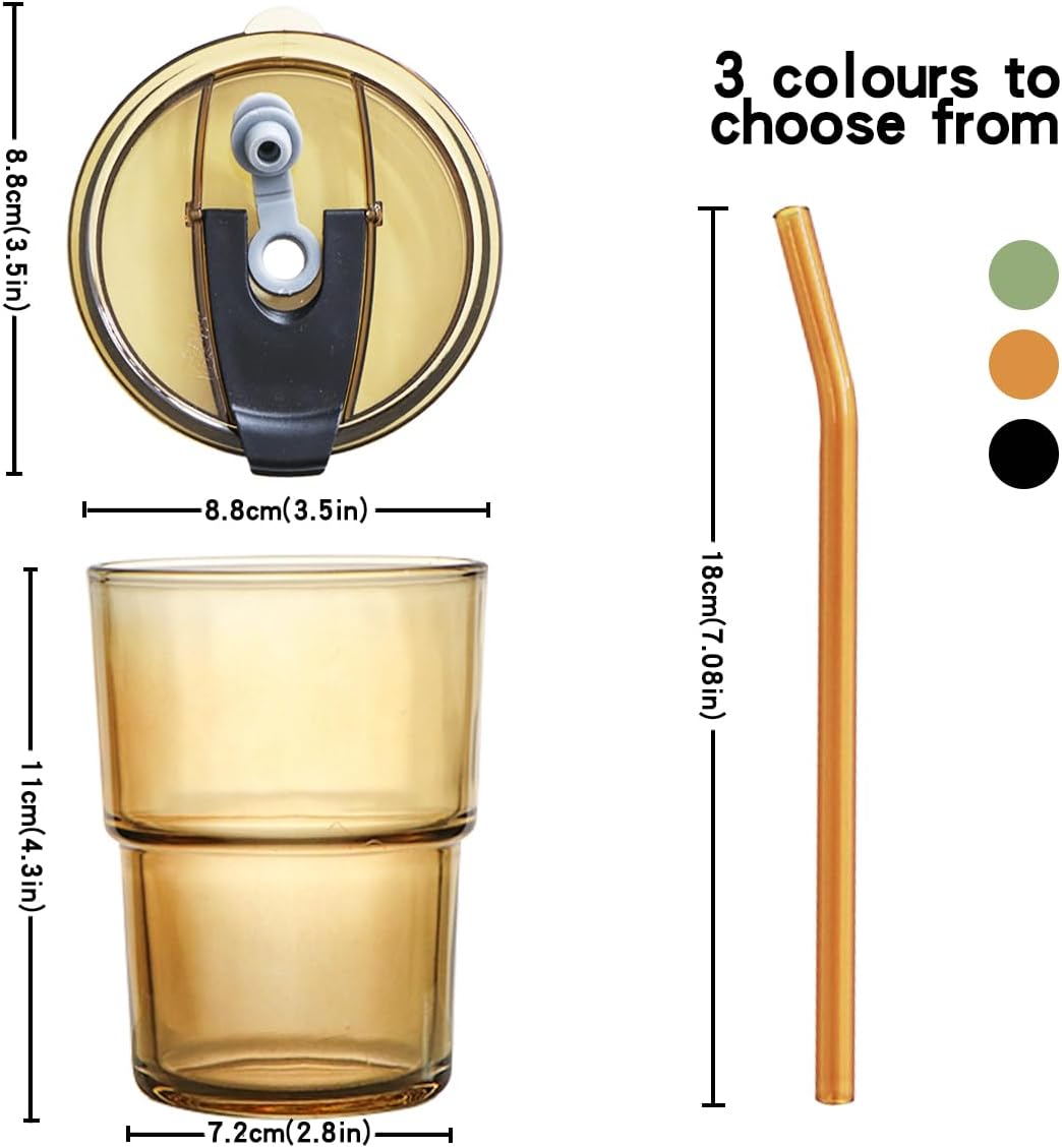 15oz/450ml Glass Cups with Lids and Straws, Leak-Proof Thick Wall Tumbler Water Glass, Reusable Iced Coffee Cups for Cold & Hot Drinks, Coffee, Tea, Shake (Grey)