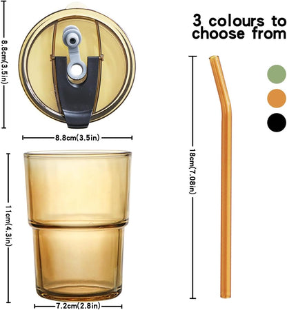 15oz/450ml Glass Cups with Lids and Straws, Leak-Proof Thick Wall Tumbler Water Glass, Reusable Iced Coffee Cups for Cold & Hot Drinks, Coffee, Tea, Shake (Grey)