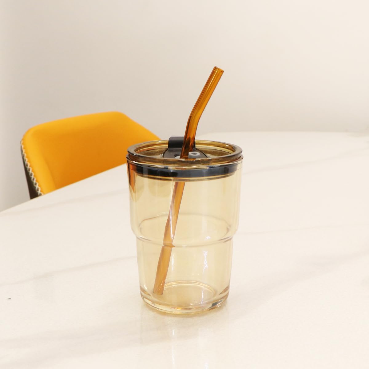 15oz/450ml Glass Cups with Lids and Straws, Leak-Proof Thick Wall Tumbler Water Glass, Reusable Iced Coffee Cups for Cold & Hot Drinks, Coffee, Tea, Shake (Grey)