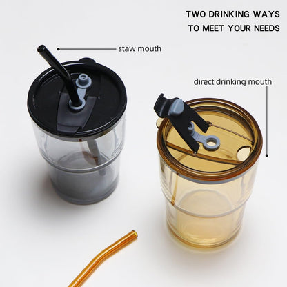 15oz/450ml Glass Cups with Lids and Straws, Leak-Proof Thick Wall Tumbler Water Glass, Reusable Iced Coffee Cups for Cold & Hot Drinks, Coffee, Tea, Shake (Grey)