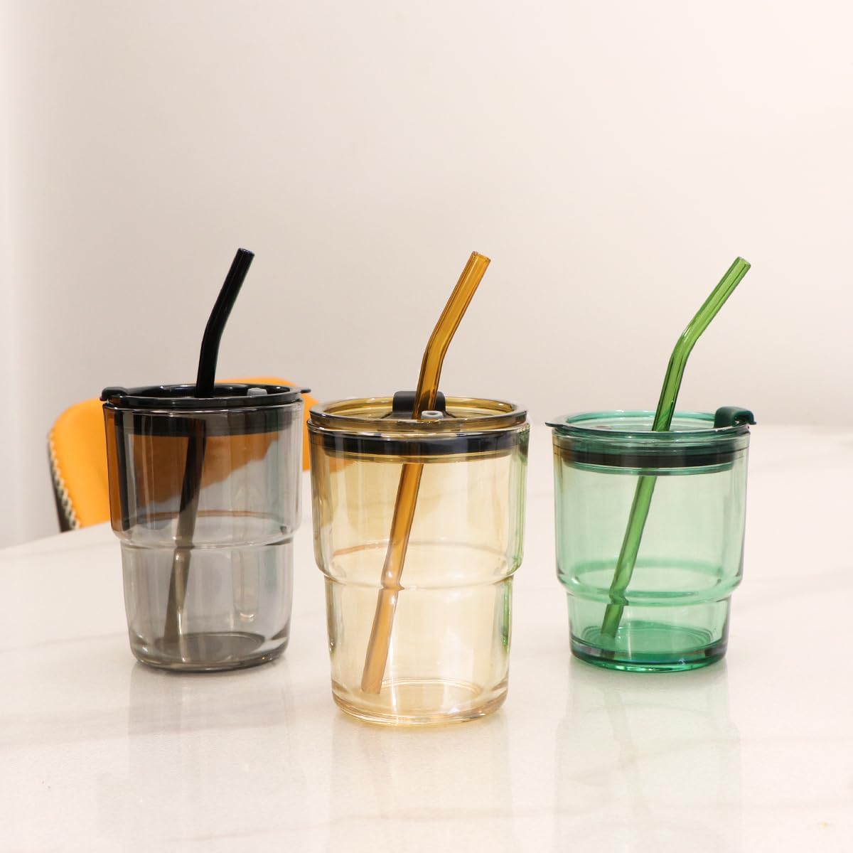 15oz/450ml Glass Cups with Lids and Straws, Leak-Proof Thick Wall Tumbler Water Glass, Reusable Iced Coffee Cups for Cold & Hot Drinks, Coffee, Tea, Shake (Grey)