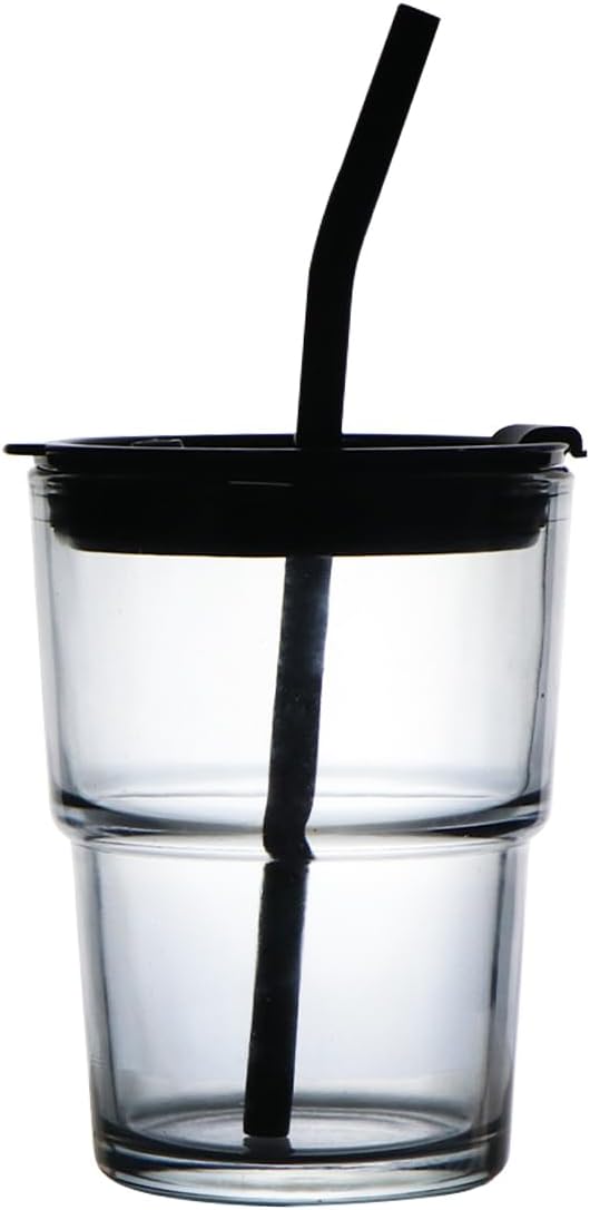 15oz/450ml Glass Cups with Lids and Straws, Leak-Proof Thick Wall Tumbler Water Glass, Reusable Iced Coffee Cups for Cold & Hot Drinks, Coffee, Tea, Shake (Grey)
