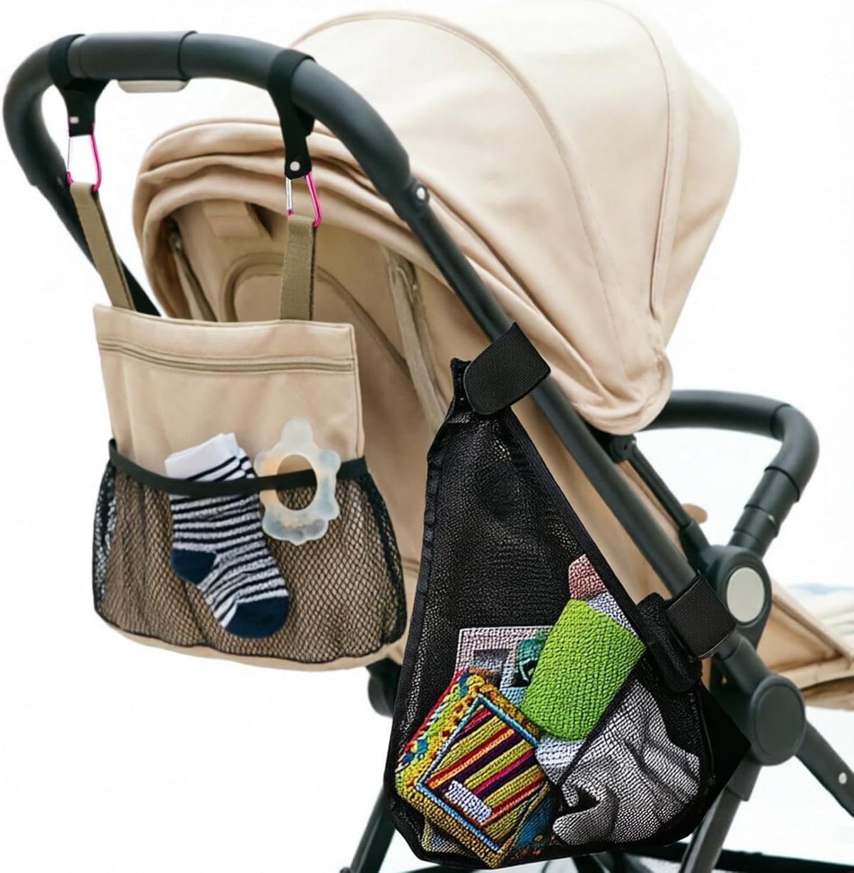 Stroller Storage Bag with 2 Pack Carabiner Universal Non-Slip Adjustable Stroller Attachment for Mommy