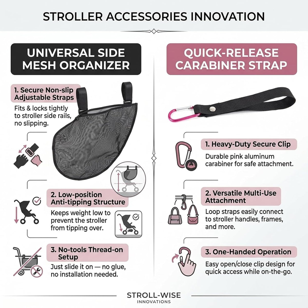 Stroller Storage Bag with 2 Pack Carabiner Universal Non-Slip Adjustable Stroller Attachment for Mommy