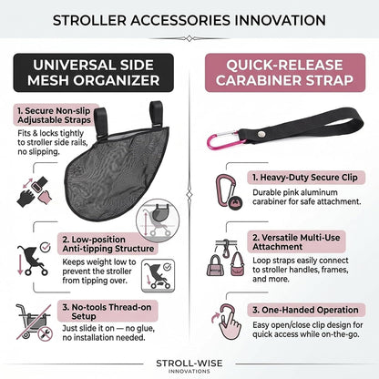 Stroller Storage Bag with 2 Pack Carabiner Universal Non-Slip Adjustable Stroller Attachment for Mommy