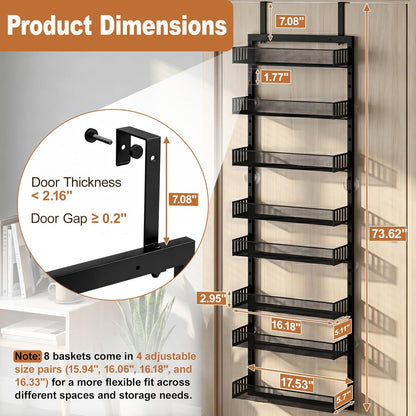 Over the Door Pantry Organizer, 8-Tier Heavy-Duty Door Spice Rack with Mesh Baskets, Height Adjustable & Anti-Swing Design, Pantry Door Organizers and Storage for Kitchen, Bathroom, Laundry Room