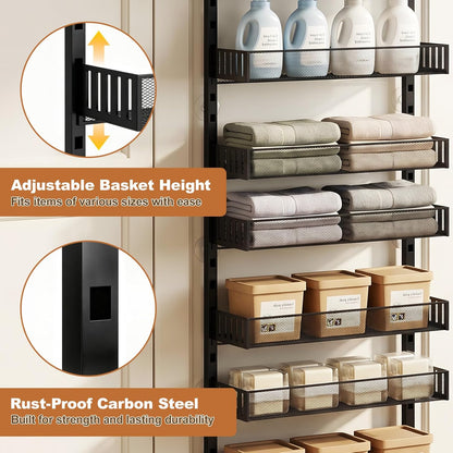 Over the Door Pantry Organizer, 8-Tier Heavy-Duty Door Spice Rack with Mesh Baskets, Height Adjustable & Anti-Swing Design, Pantry Door Organizers and Storage for Kitchen, Bathroom, Laundry Room