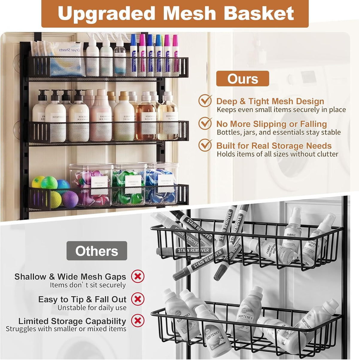 Over the Door Pantry Organizer, 8-Tier Heavy-Duty Door Spice Rack with Mesh Baskets, Height Adjustable & Anti-Swing Design, Pantry Door Organizers and Storage for Kitchen, Bathroom, Laundry Room