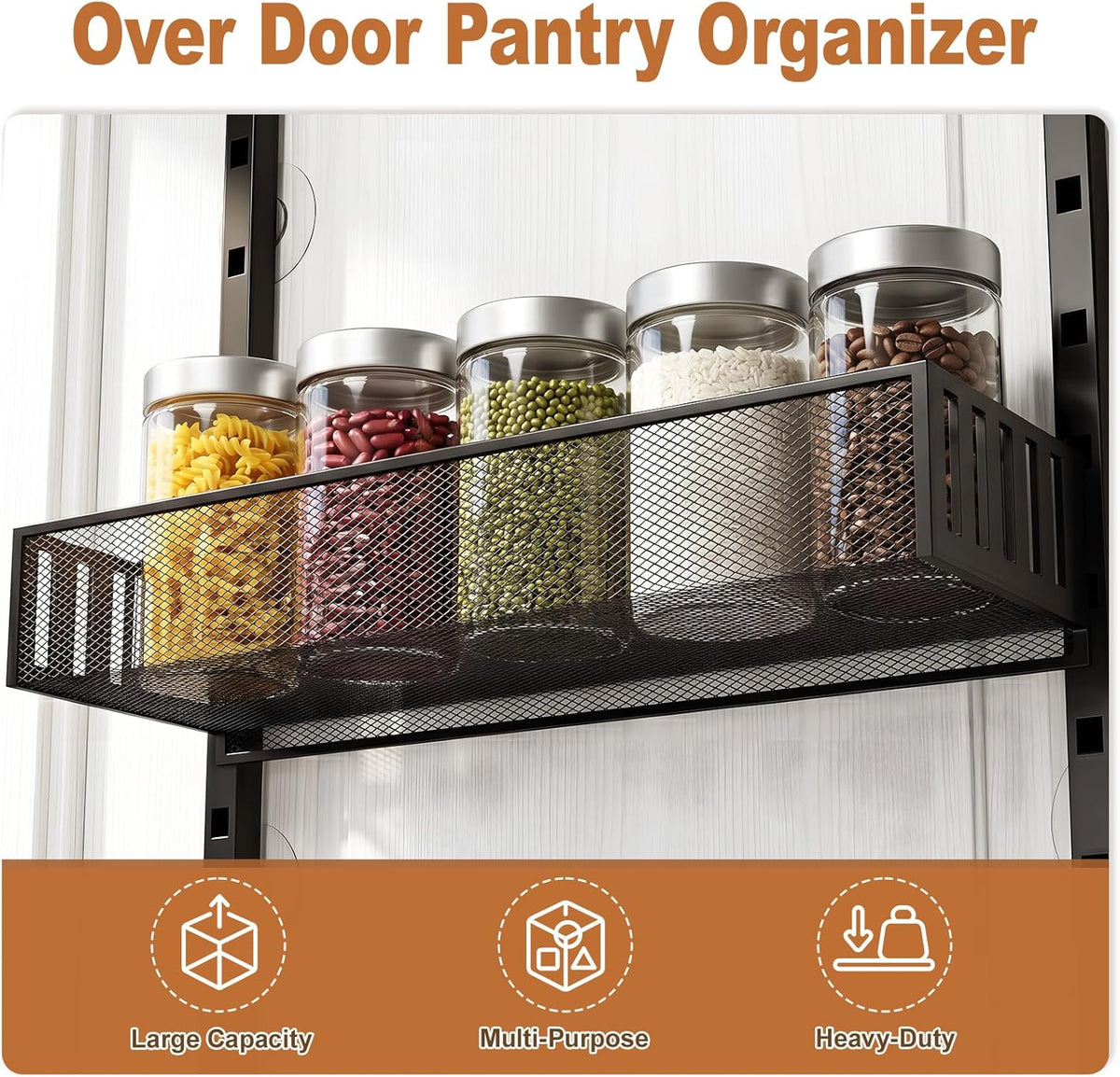 Over the Door Pantry Organizer, 8-Tier Heavy-Duty Door Spice Rack with Mesh Baskets, Height Adjustable & Anti-Swing Design, Pantry Door Organizers and Storage for Kitchen, Bathroom, Laundry Room