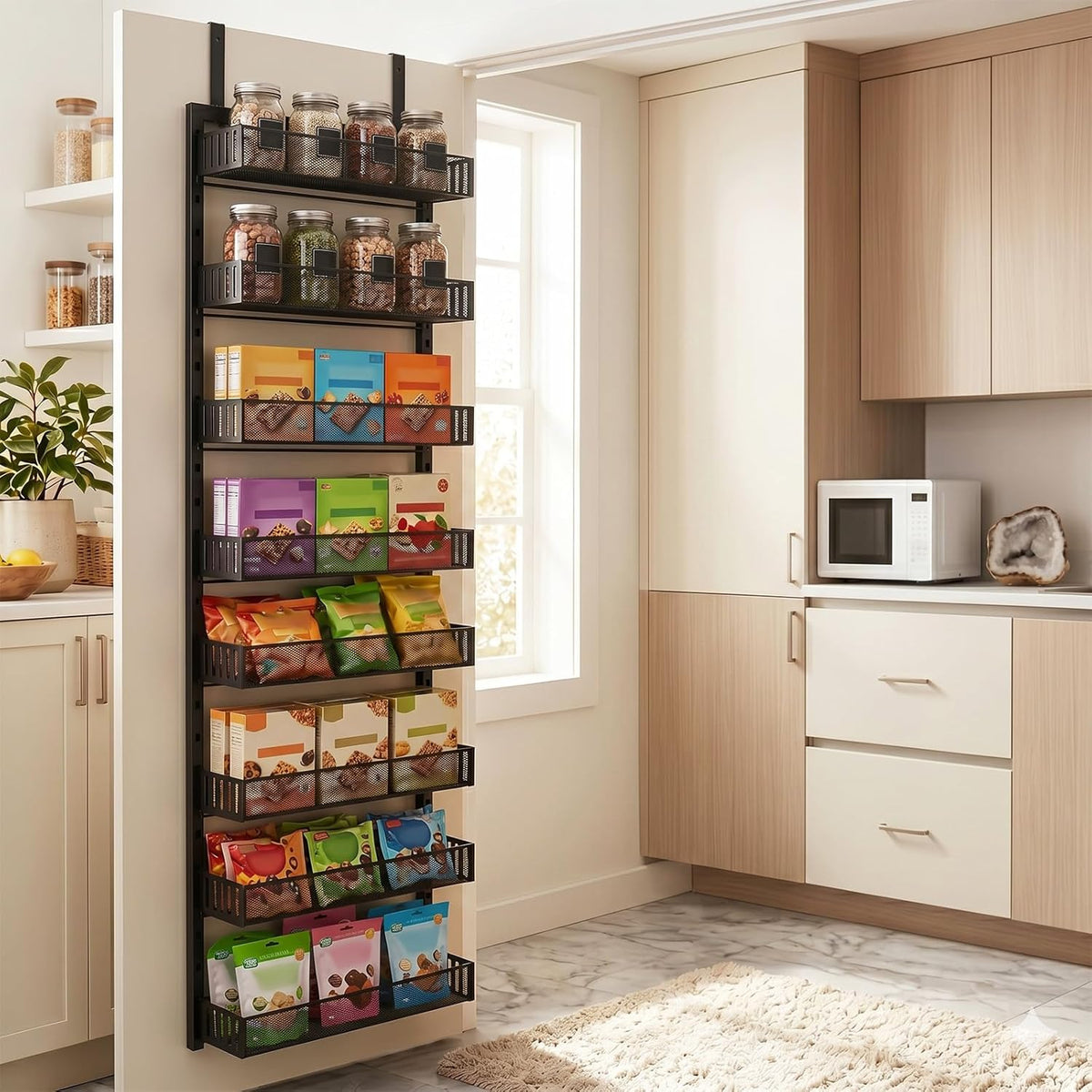 Over the Door Pantry Organizer, 8-Tier Heavy-Duty Door Spice Rack with Mesh Baskets, Height Adjustable & Anti-Swing Design, Pantry Door Organizers and Storage for Kitchen, Bathroom, Laundry Room