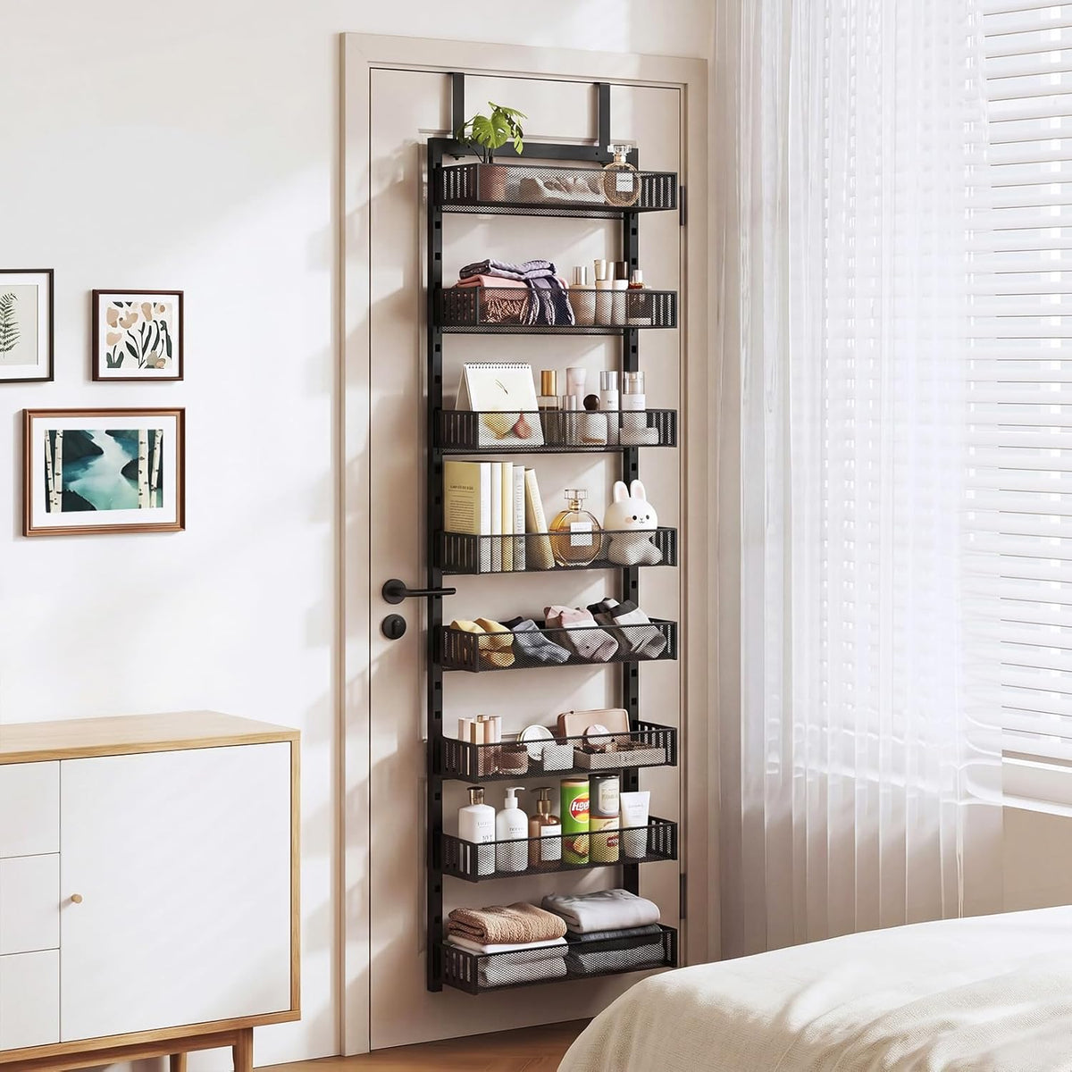 Over the Door Pantry Organizer, 8-Tier Heavy-Duty Door Spice Rack with Mesh Baskets, Height Adjustable & Anti-Swing Design, Pantry Door Organizers and Storage for Kitchen, Bathroom, Laundry Room