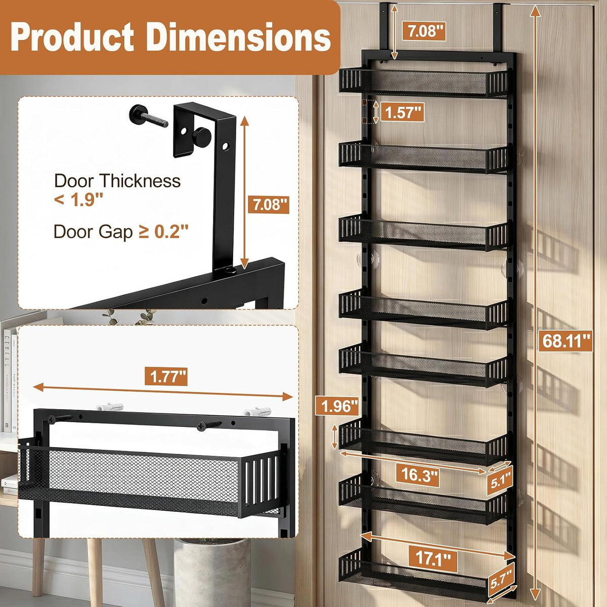 Over the Door Pantry Organizer, 8-Tier Heavy-Duty Door Spice Rack with Mesh Baskets, Height Adjustable & Anti-Swing Design, Pantry Door Organizers and Storage for Kitchen, Bathroom, Laundry Room
