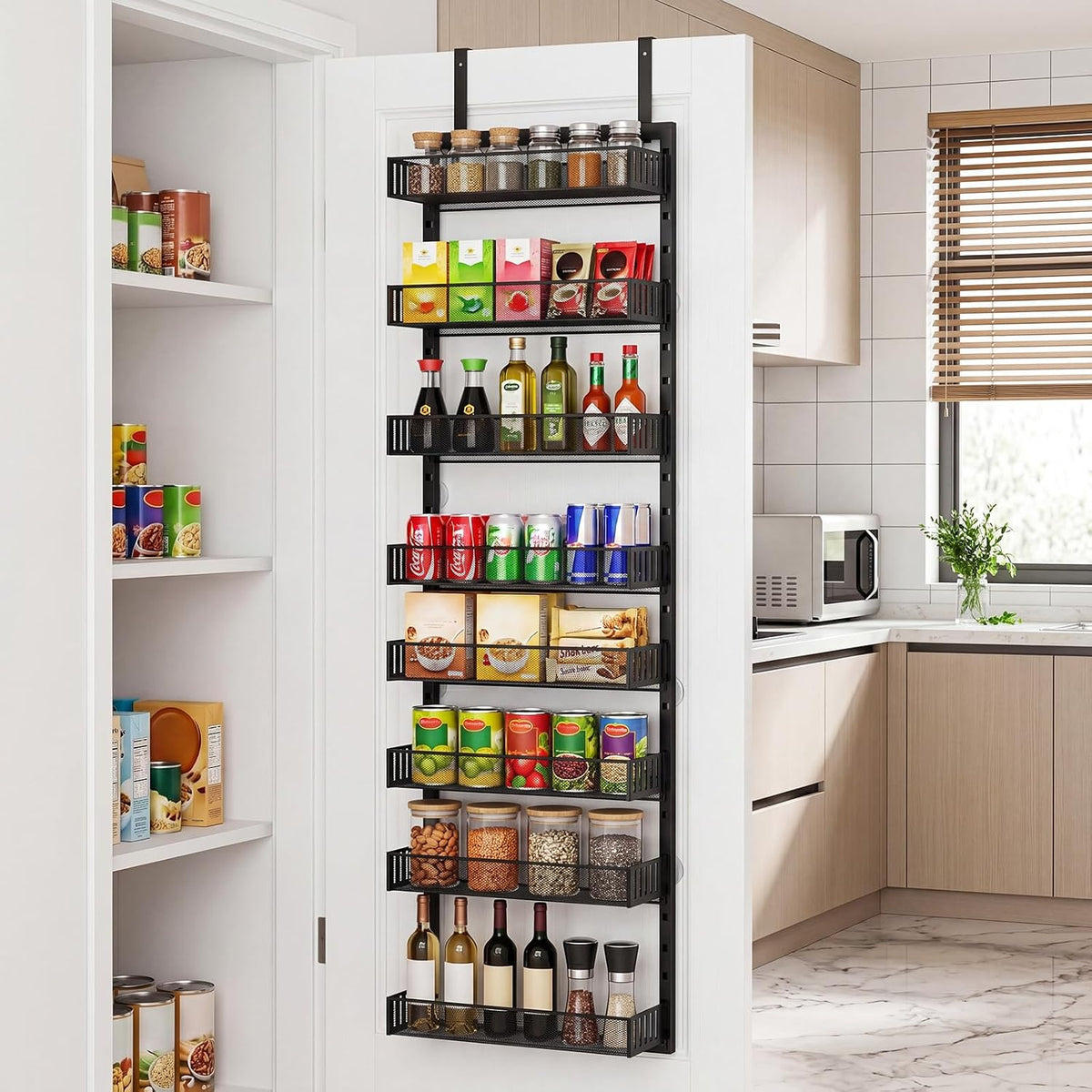 Over the Door Pantry Organizer, 8-Tier Heavy-Duty Door Spice Rack with Mesh Baskets, Height Adjustable & Anti-Swing Design, Pantry Door Organizers and Storage for Kitchen, Bathroom, Laundry Room