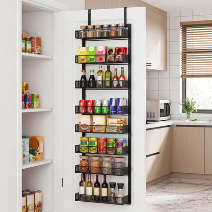 Over the Door Pantry Organizer, 8-Tier Heavy-Duty Door Spice Rack with Mesh Baskets, Height Adjustable & Anti-Swing Design, Pantry Door Organizers and Storage for Kitchen, Bathroom, Laundry Room