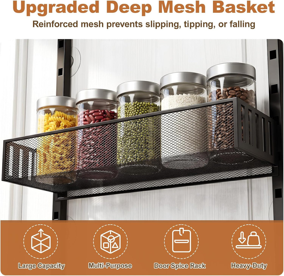 Over the Door Pantry Organizer, 8-Tier Heavy-Duty Door Spice Rack with Mesh Baskets, Height Adjustable & Anti-Swing Design, Pantry Door Organizers and Storage for Kitchen, Bathroom, Laundry Room