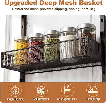 Over the Door Pantry Organizer, 8-Tier Heavy-Duty Door Spice Rack with Mesh Baskets, Height Adjustable & Anti-Swing Design, Pantry Door Organizers and Storage for Kitchen, Bathroom, Laundry Room