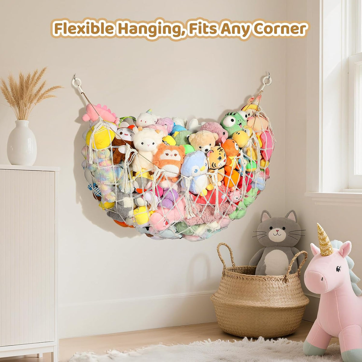 Stuffed Animal Net, 60 Inch Plushies Storage, Cream White