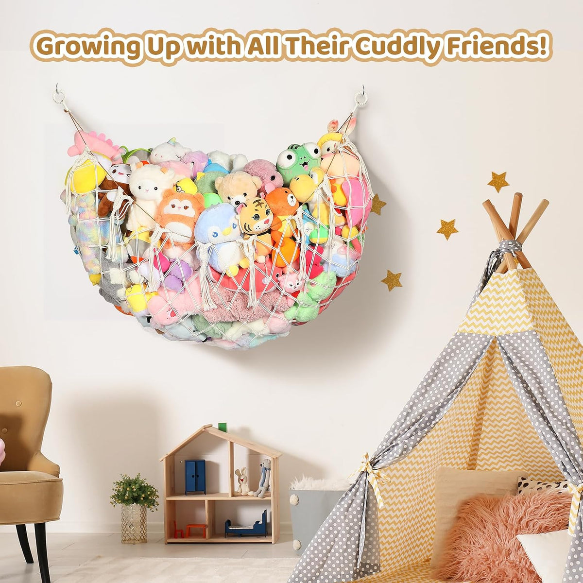 Stuffed Animal Net, 60 Inch Plushies Storage, Cream White