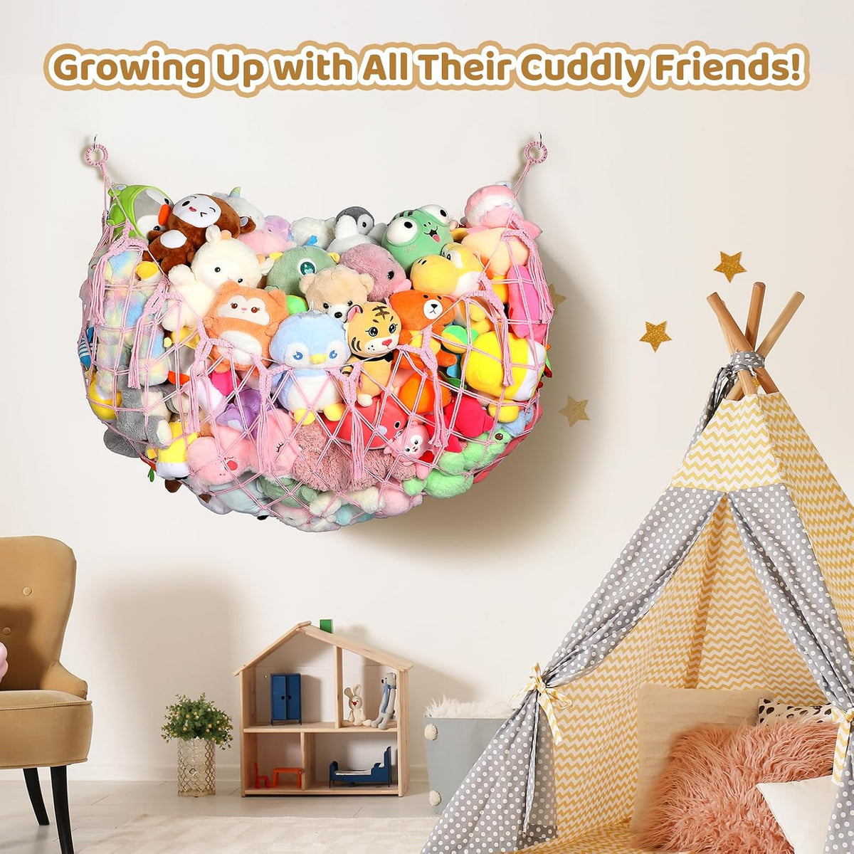 Stuffed Animal Net, 60 Inch Plushies Storage, Cream White