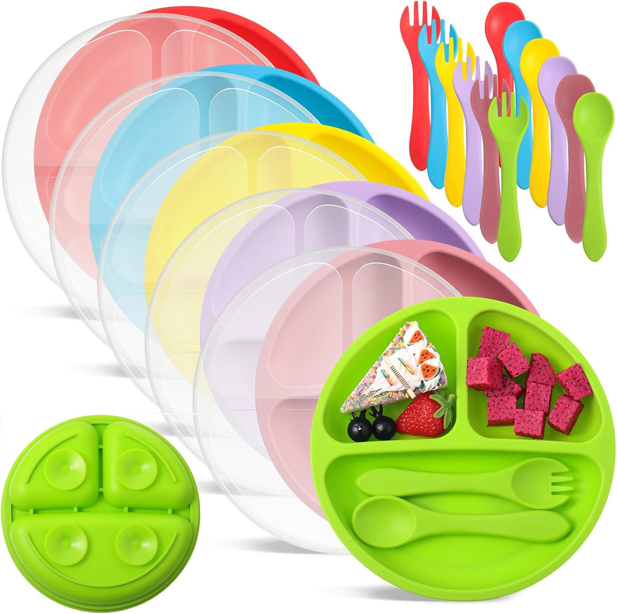 6 Pack Suction Plates for Baby with Lids Silicone,Macaron Colors
