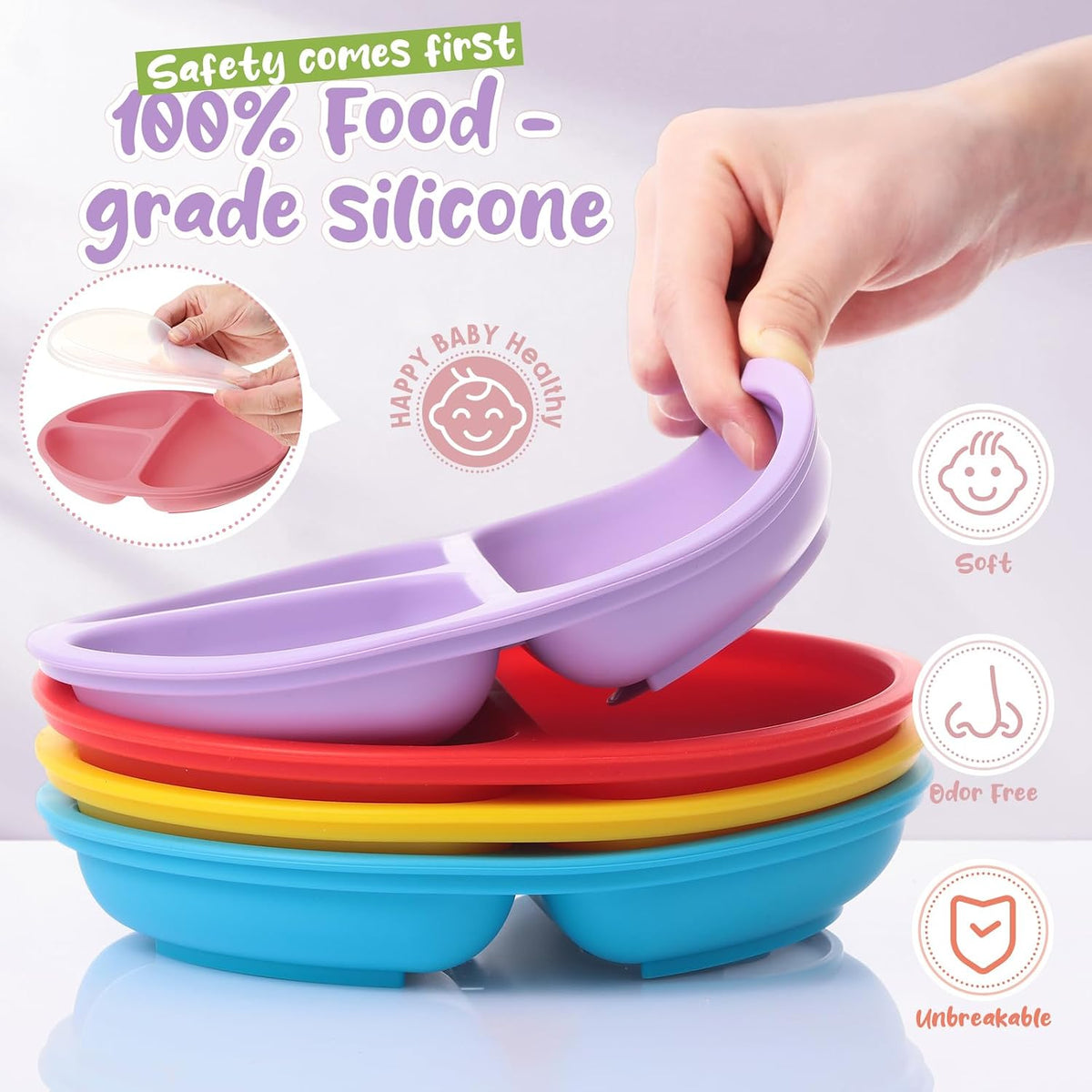 6 Pack Suction Plates for Baby with Lids Silicone,Macaron Colors
