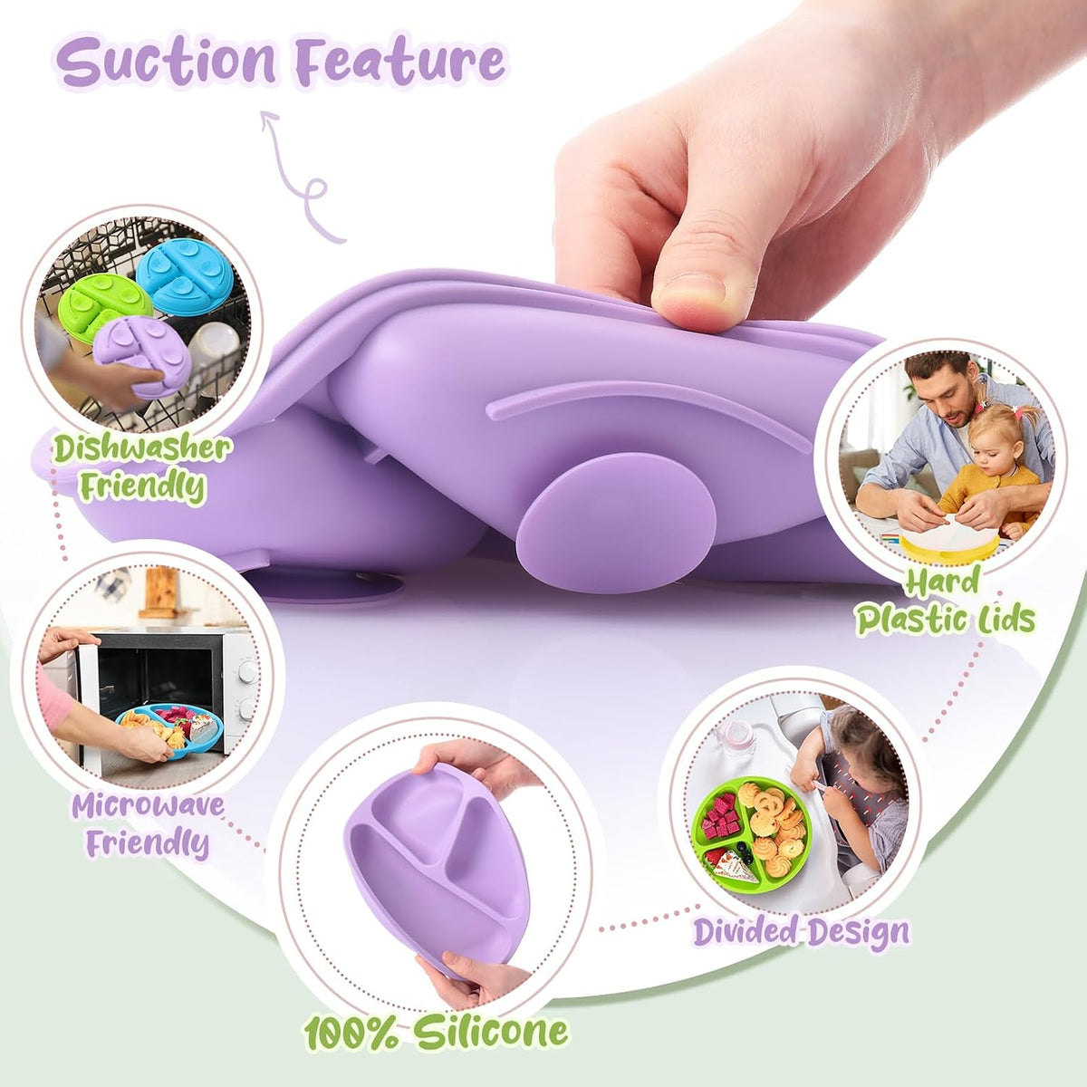 6 Pack Suction Plates for Baby with Lids Silicone,Macaron Colors