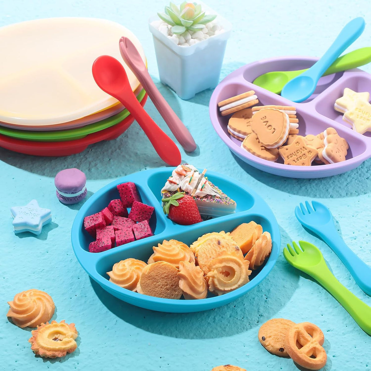 6 Pack Suction Plates for Baby with Lids Silicone,Macaron Colors