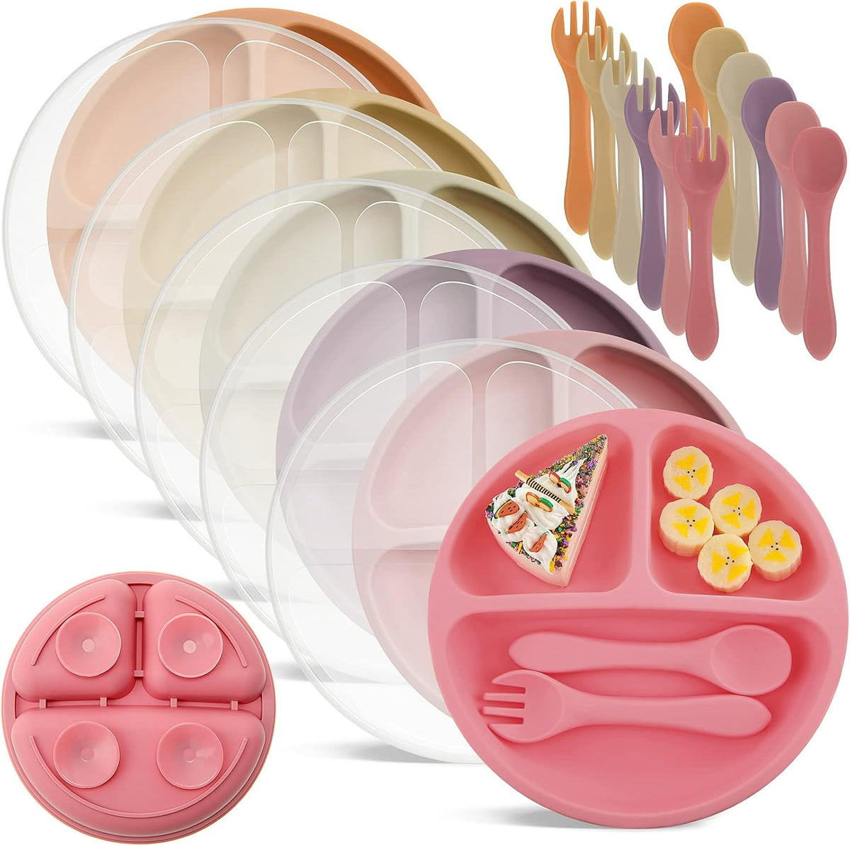 6 Pack Suction Plates for Baby with Lids Silicone,Macaron Colors