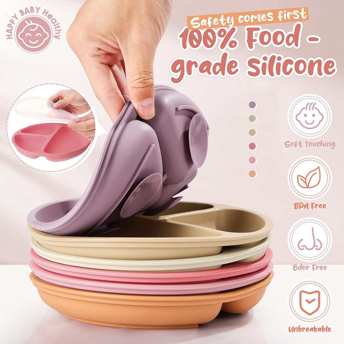 6 Pack Suction Plates for Baby with Lids Silicone,Macaron Colors