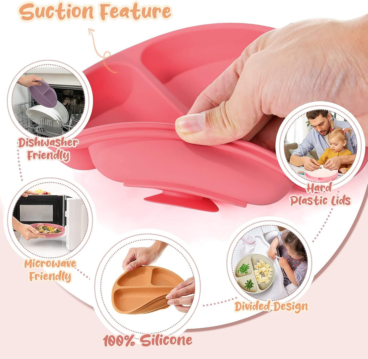 6 Pack Suction Plates for Baby with Lids Silicone,Macaron Colors