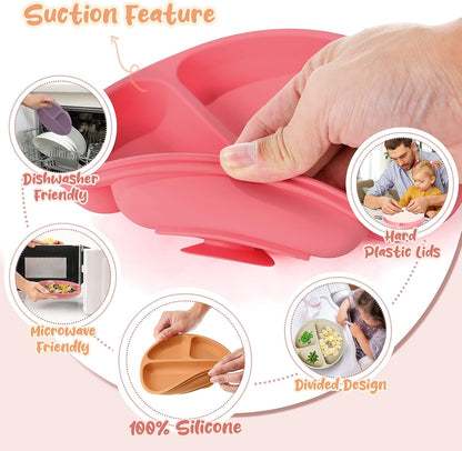 6 Pack Suction Plates for Baby with Lids Silicone,Macaron Colors